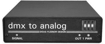 The DMX to Analog Converter decodes consecutive DMX512 channels to 0 to 10 volt output. Two versions are available: 24 and 96 output.